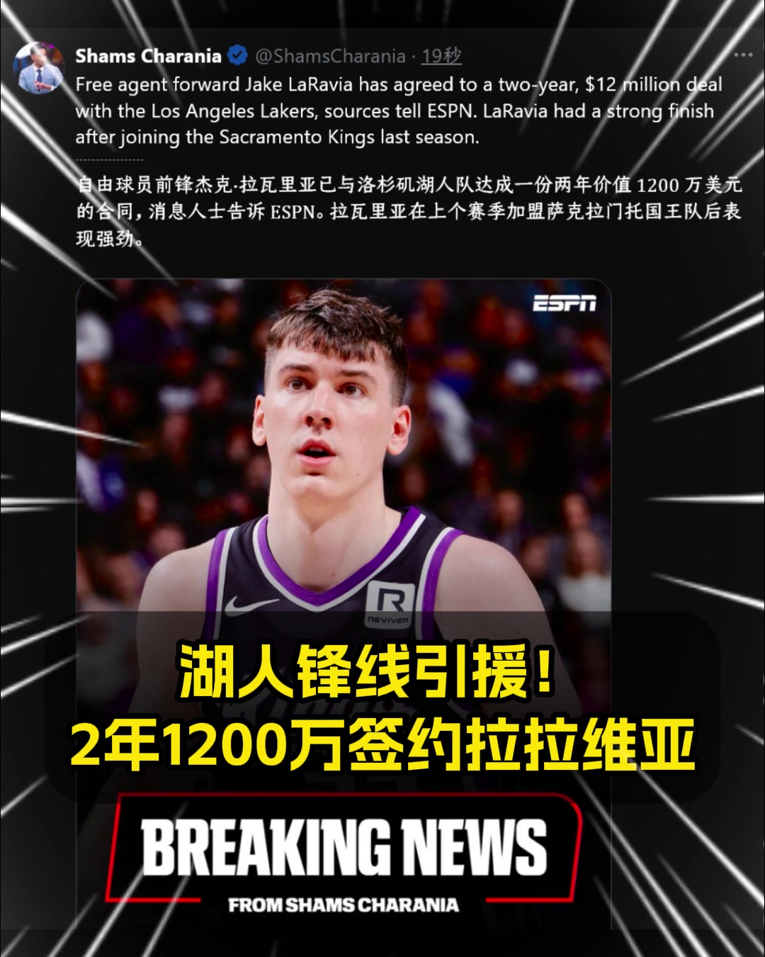 湖人锋线引援Shams湖人2年1200万签下拉拉维亚